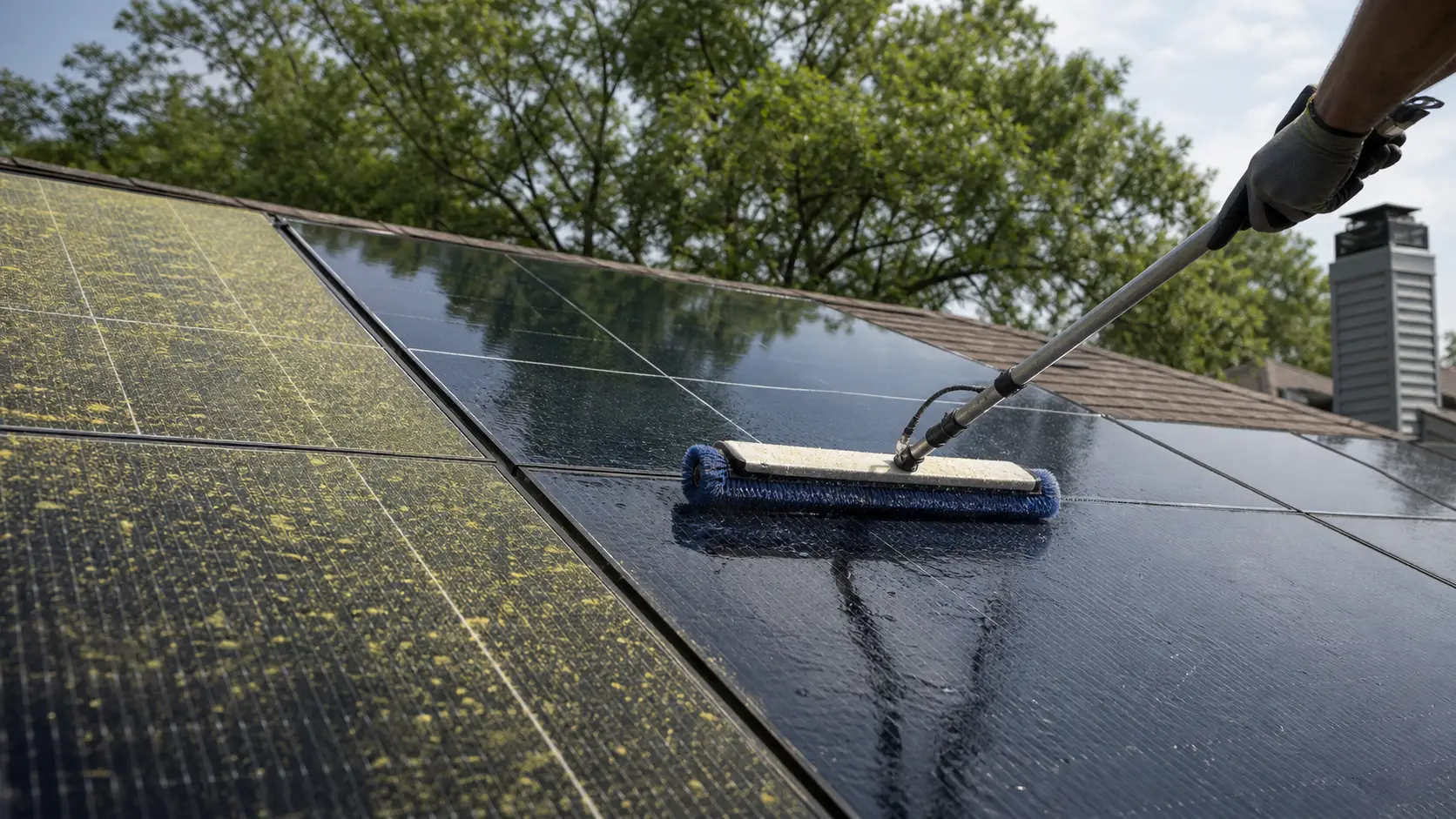 A technician cleaning a wet swath through pollen residue on residential solar panels