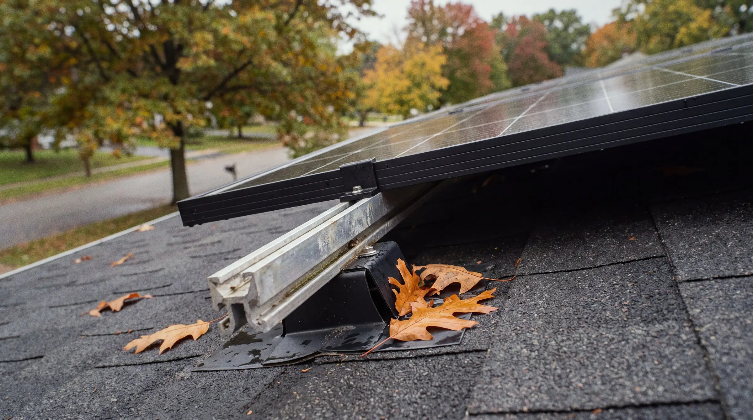 A rooftop solar mounting rail and sealed roof flashing beneath a panel, with fall leaves on the shingles