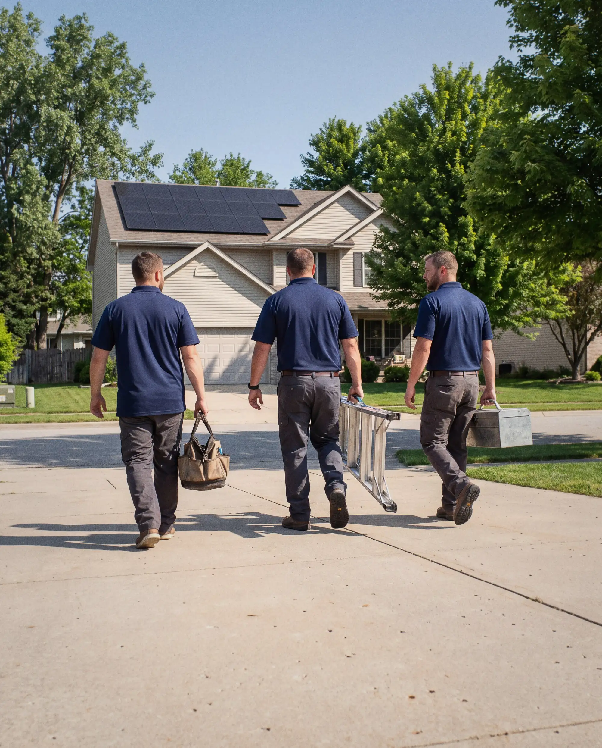 A three-person Solar Scapes crew walking up a driveway with a ladder and tools to a home with solar panels