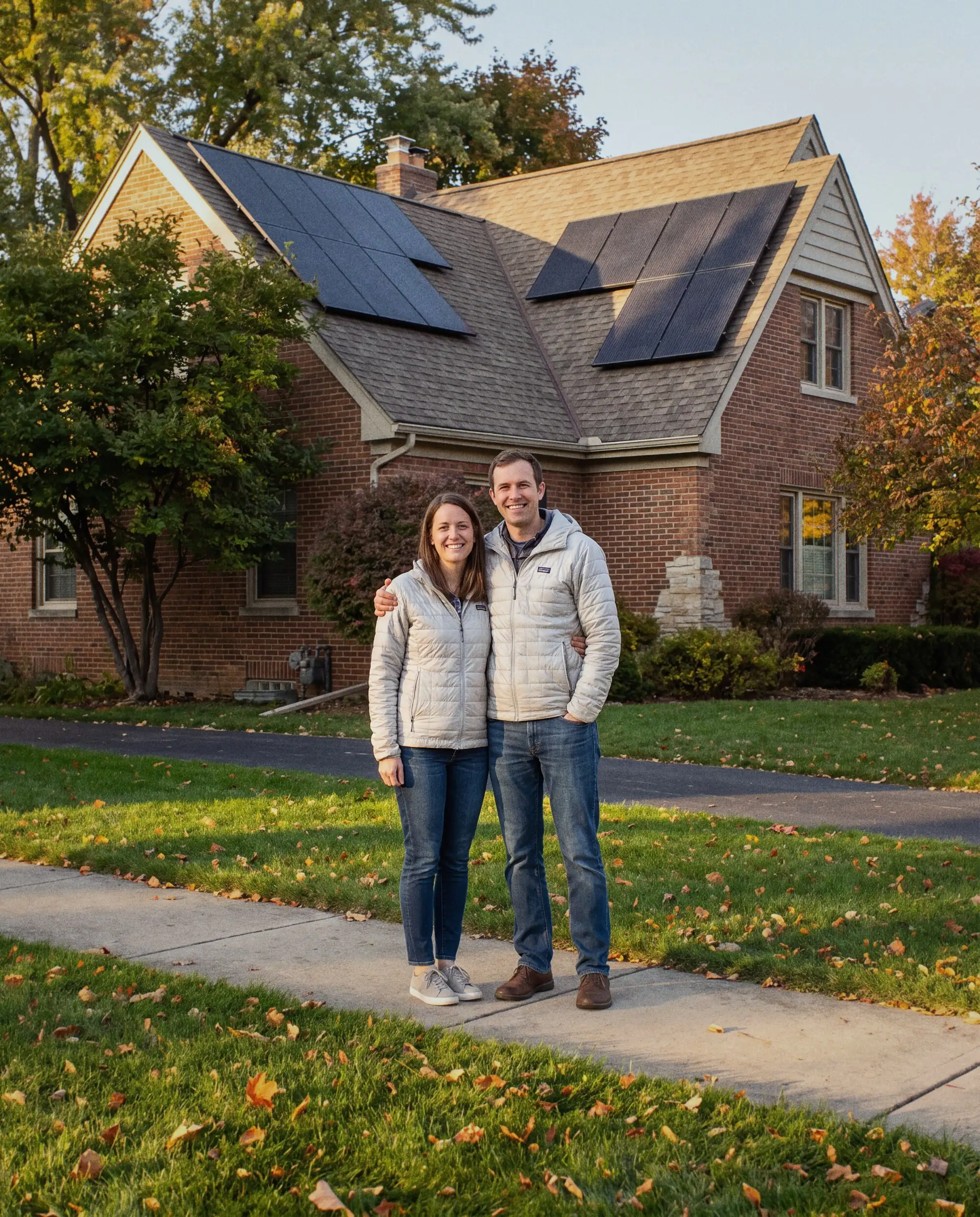 A smiling couple in front of their brick Midwestern home with rooftop solar panels